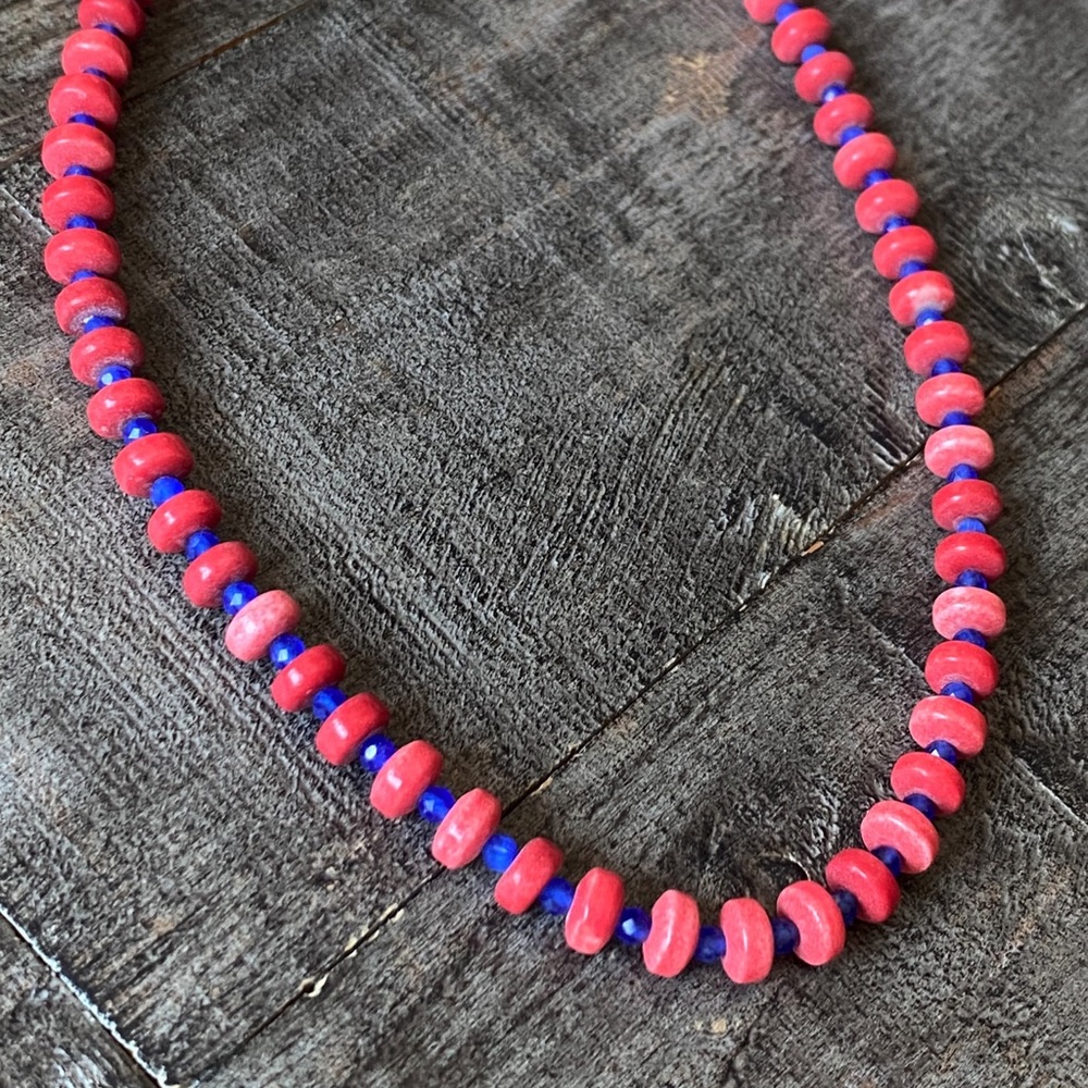 NEW Red and Royal Blue Stone Beaded Necklace